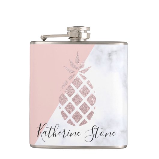 エレガントなばら色の金ゴールドのグリッターの白い大理石の赤面のピンク フラスク (正面)