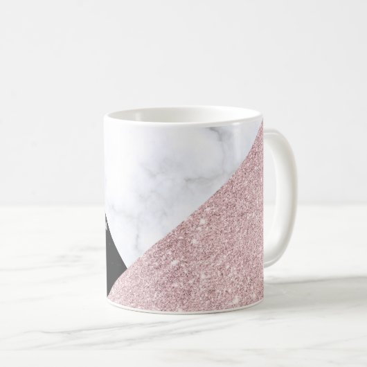 エレガントなばら色の金ゴールドのグリッターの白く黒い大理石 コーヒーマグカップ (正面右)
