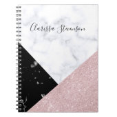 エレガントなばら色の金ゴールドのグリッターの白く黒い大理石 ノートブック (正面)