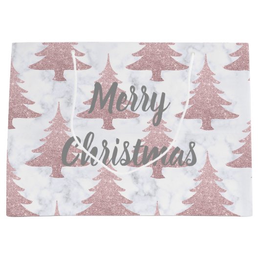 エレガントなばら色の金ゴールドのグリッター及び大理石のクリスマスツリー ラージペーパーバッグ (正面)