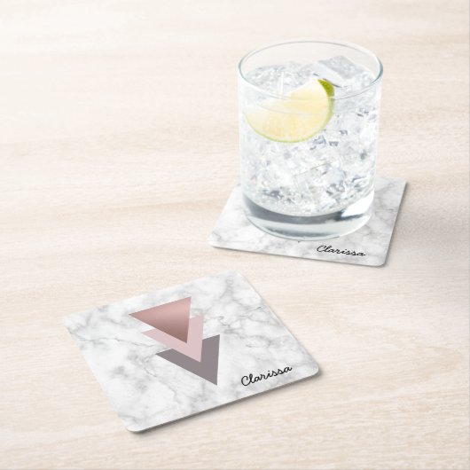 エレガントなばら色の金ゴールドのピンクの灰色の三角形の白の大理石 スクエアペーパーコースター (インサイチュ)