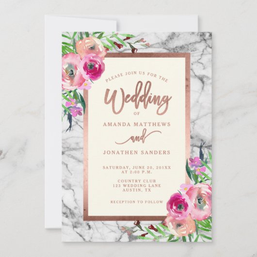 エレガントなばら色の金ゴールドの大理石の花柄の結婚式招待状 招待状 (正面)