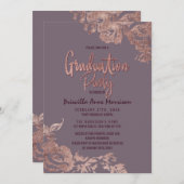 エレガントなばら色の金ゴールドの花の紫色の藤色の卒業 招待状 (正面/裏面)
