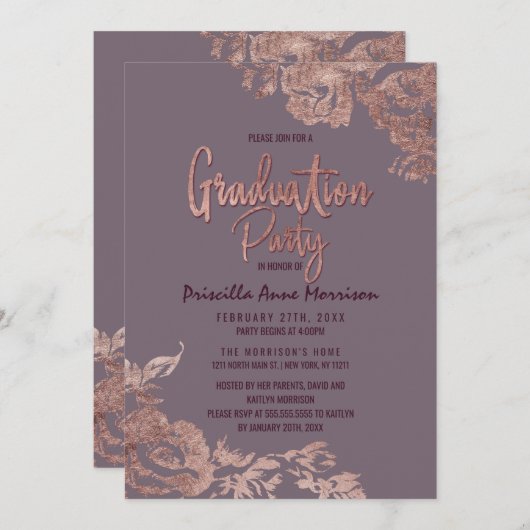 エレガントなばら色の金ゴールドの花の紫色の藤色の卒業 招待状 (正面/裏面)