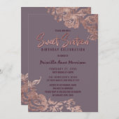 エレガントなばら色の金ゴールドの花の紫色の藤色の菓子16 招待状 (正面/裏面)