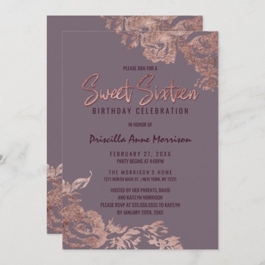 エレガントなばら色の金ゴールドの花の紫色の藤色の菓子16 招待状 (正面/裏面)