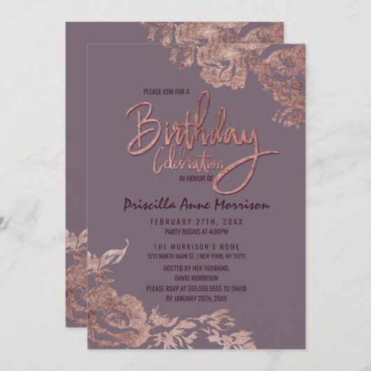 エレガントなばら色の金ゴールドの花の紫色の藤色の誕生日 招待状 (正面/裏面)