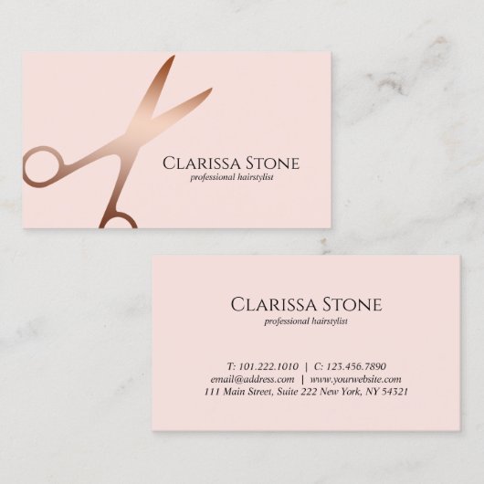 エレガントなばら色の金ゴールド及びピンクのはさみの美容師 名刺 (正面/裏面)