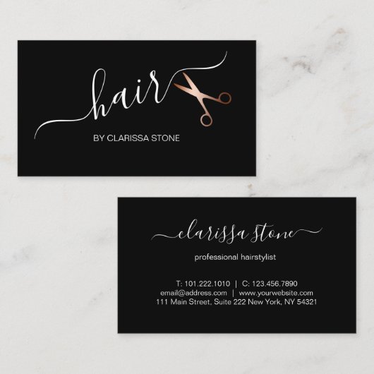 エレガントなばら色の金ゴールド及び黒のはさみの美容師 名刺 (正面/裏面)
