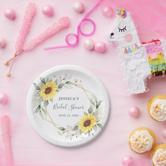 エレガントなひまわりとグリーンの花のブライダルシャワー ペーパープレート (パーティー)