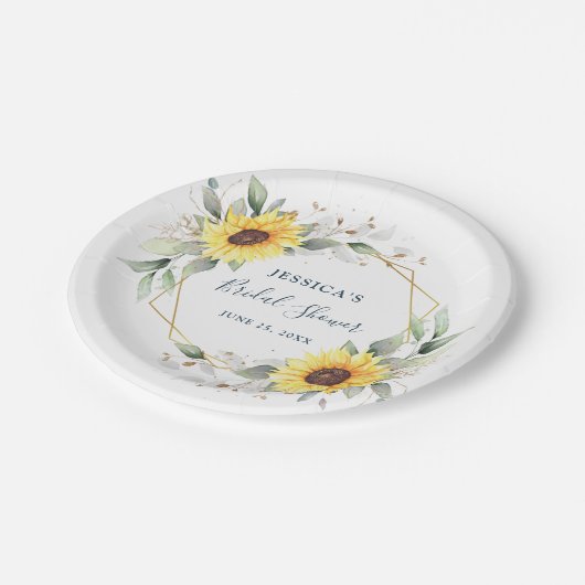 エレガントなひまわりとグリーンの花のブライダルシャワー ペーパープレート (アングル)