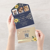 エレガントなひまわりとネイビーブルーの結婚式招待状 オールインワン招待状 (貼ってはがせる)