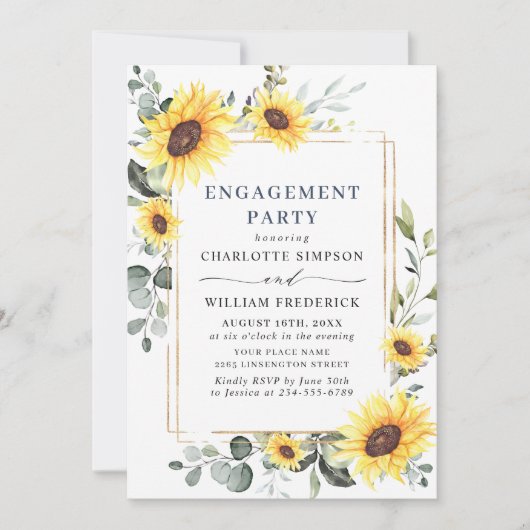 エレガントなひまわりとユーカリのエンゲージメントパーティー 招待状 (正面)