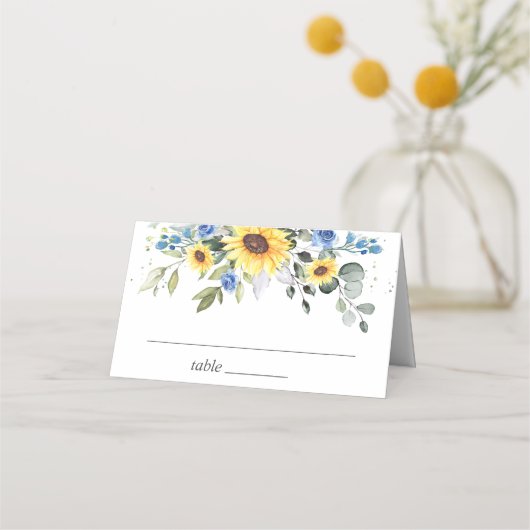 エレガントなひまわりとユーカリのグリーンウェディング プレイスカード (正面)