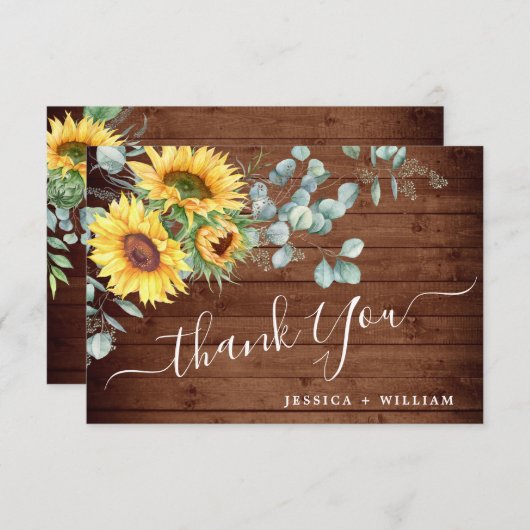 エレガントなひまわりとユーカリのラスティックウェディング サンキューカード (正面/裏面)