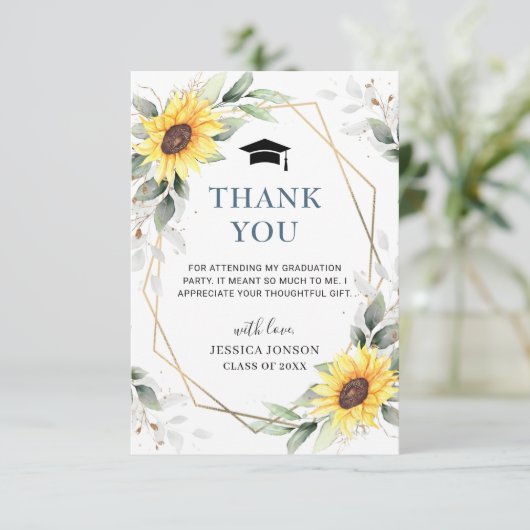 エレガントなひまわりとユーカリの写真 卒業式 サンキューカード (スタンド正面)
