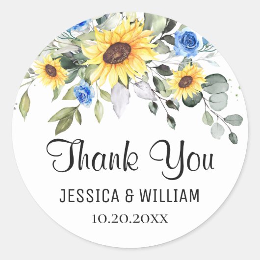 エレガントなひまわりとユーカリの水彩ウェディング ラウンドシール (正面)