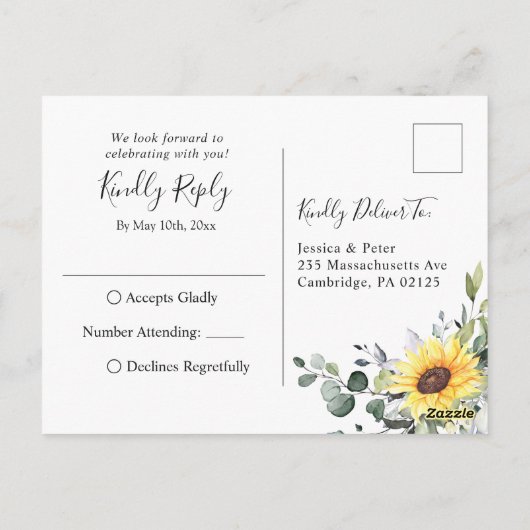 エレガントなひまわりとユーカリの花の結婚式の出欠確認カード ポストカード (裏面)