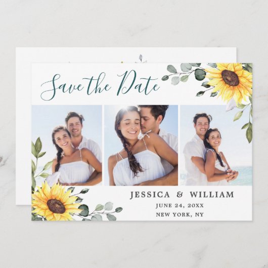 エレガントなひまわりとユーカリの3枚の写真を使ったウェディング セーブザデート (正面/裏面)