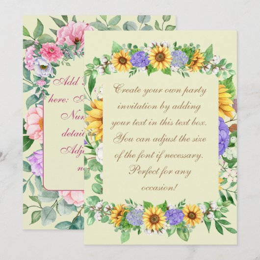 エレガントなひまわりと青いアジサイ 招待状 (正面/裏面)