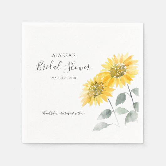エレガントなひまわりボタニカルスクリプト ブライダルシャワー スタンダードカクテルナプキン (正面)