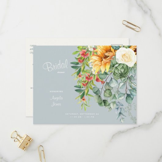 エレガントなひまわり トスカーナ ダスティーブルー ブライダルシャワー インビテーションポストカード (正面/裏面インサイチュ)