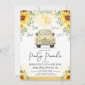エレガントなひまわり ドライブスルー誕生日パーティーの行列 招待状 (正面)