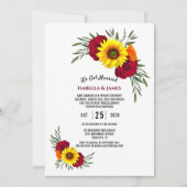 エレガントなひまわり バーガンディー ローズ ウェディング レセプション 招待状 (正面)
