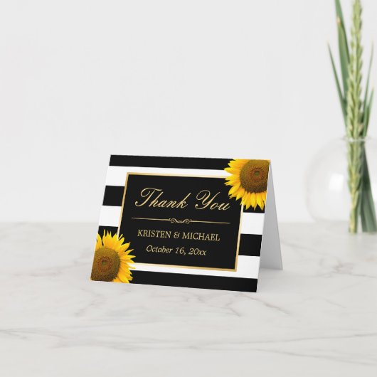 エレガントなひまわり ブラックホワイトストライプス ありがとうございます サンキューカード (正面)