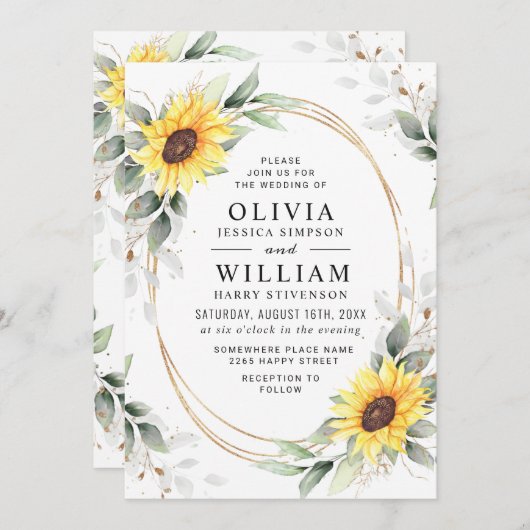 エレガントなひまわり 水彩グリーン ウェディング 招待状 (正面/裏面)
