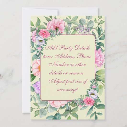 エレガントなひまわり & 青いアジサイ 招待状 (裏面)