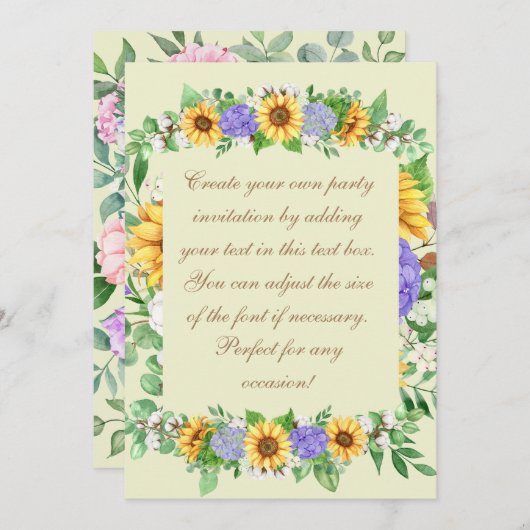 エレガントなひまわり & 青いアジサイ 招待状 (正面/裏面)