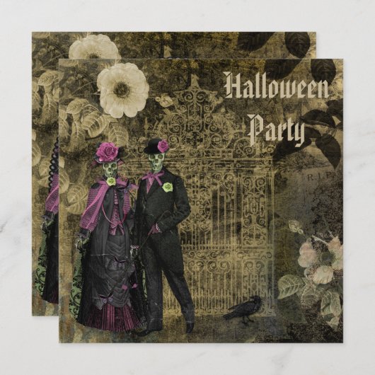 エレガントなぼろぼろのシックな骨組ハローウィンパーティ 招待状 (正面/裏面)