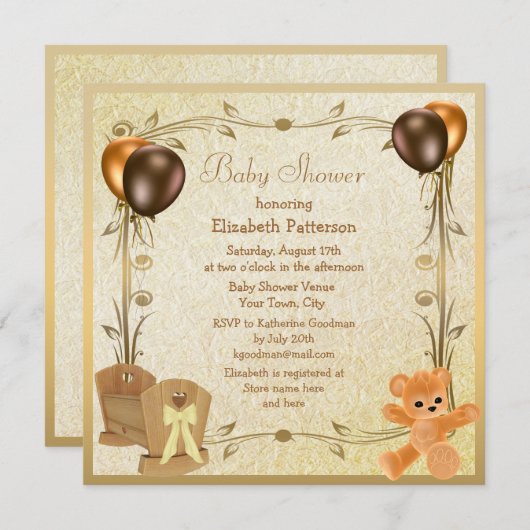 エレガントなまぐさ桶及びテディのヴィンテージのベビーシャワーの招待 招待状 (正面/裏面)