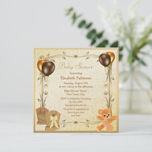 エレガントなまぐさ桶及びテディのヴィンテージのベビーシャワーの招待 招待状 (スタンド正面)