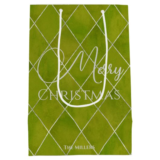 エレガントなわさびグリーンのアーガイルパターンがあしらわれたクリスマス ミディアムペーパーバッグ (裏面)