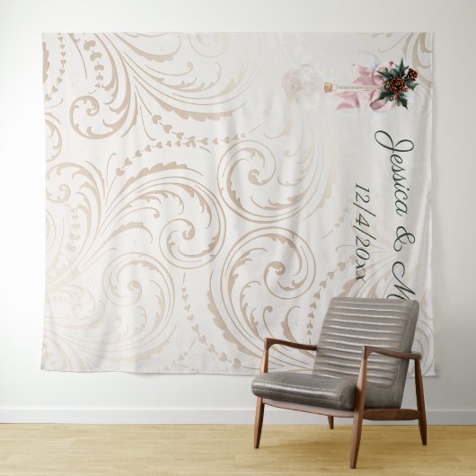 エレガントなアイボリーとゴールドのクリスマスウェディングバックドロップ タペストリー (インサイチュ(横))