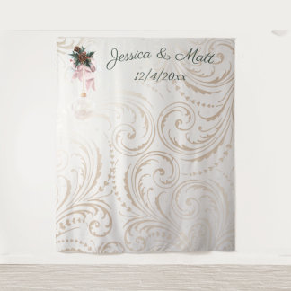 エレガントなアイボリーとゴールドのクリスマスウェディングバックドロップ タペストリー