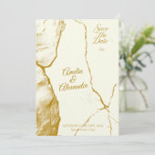 エレガントなアイボリーとゴールドのマーブル Save the Date 招待状 (スタンド正面)