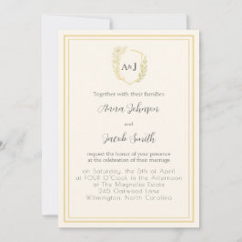 エレガントなアイボリーとフェイクゴールドのクラストに花のアクセント 招待状
