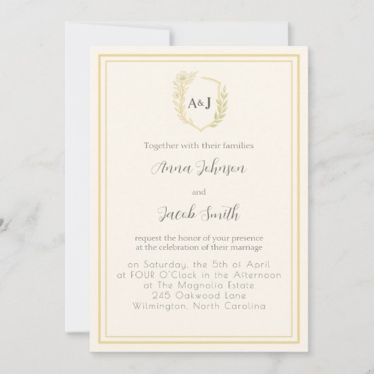 エレガントなアイボリーとフェイクゴールドのクレストに花のアクセント 招待状 (正面)