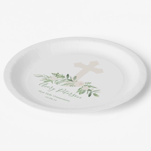 エレガントなアイボリーのばら色の十字の最初聖餐式 ペーパープレート (アングル)