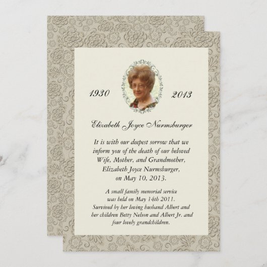 エレガントなアイボリーのダマスク織の写真の死の発表 案内状 (正面/裏面)