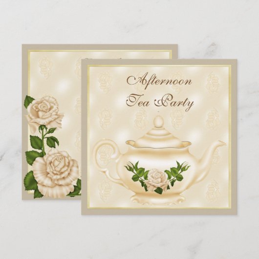エレガントなアイボリーのティーポット＆ローズのアフタヌーンティー 招待状 (正面/裏面)