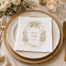 エレガントなアイボリーのバラとユーカリ、真珠のウェディング スタンダードカクテルナプキン