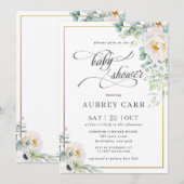 エレガントなアイボリーのピーコックとローズの花のグリーンウェディング ベイビーシャワー 招待状 (正面/裏面)