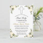 エレガントなアイボリーの花飾りローズ ファーストホーリーコミュニオン 招待状 (スタンド正面)