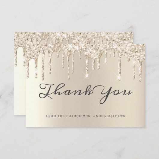 エレガントなアイボリーグリッター ドリップス ブライダルシャワー サンクスカード サンキューカード (正面/裏面)