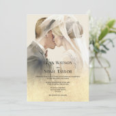 エレガントなアイボリーゴールドグリッターカップルフォトウェディング 招待状 (スタンド正面)