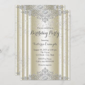 エレガントなアイボリーシルバーグリッター誕生日パーティー 招待状 (正面/裏面)